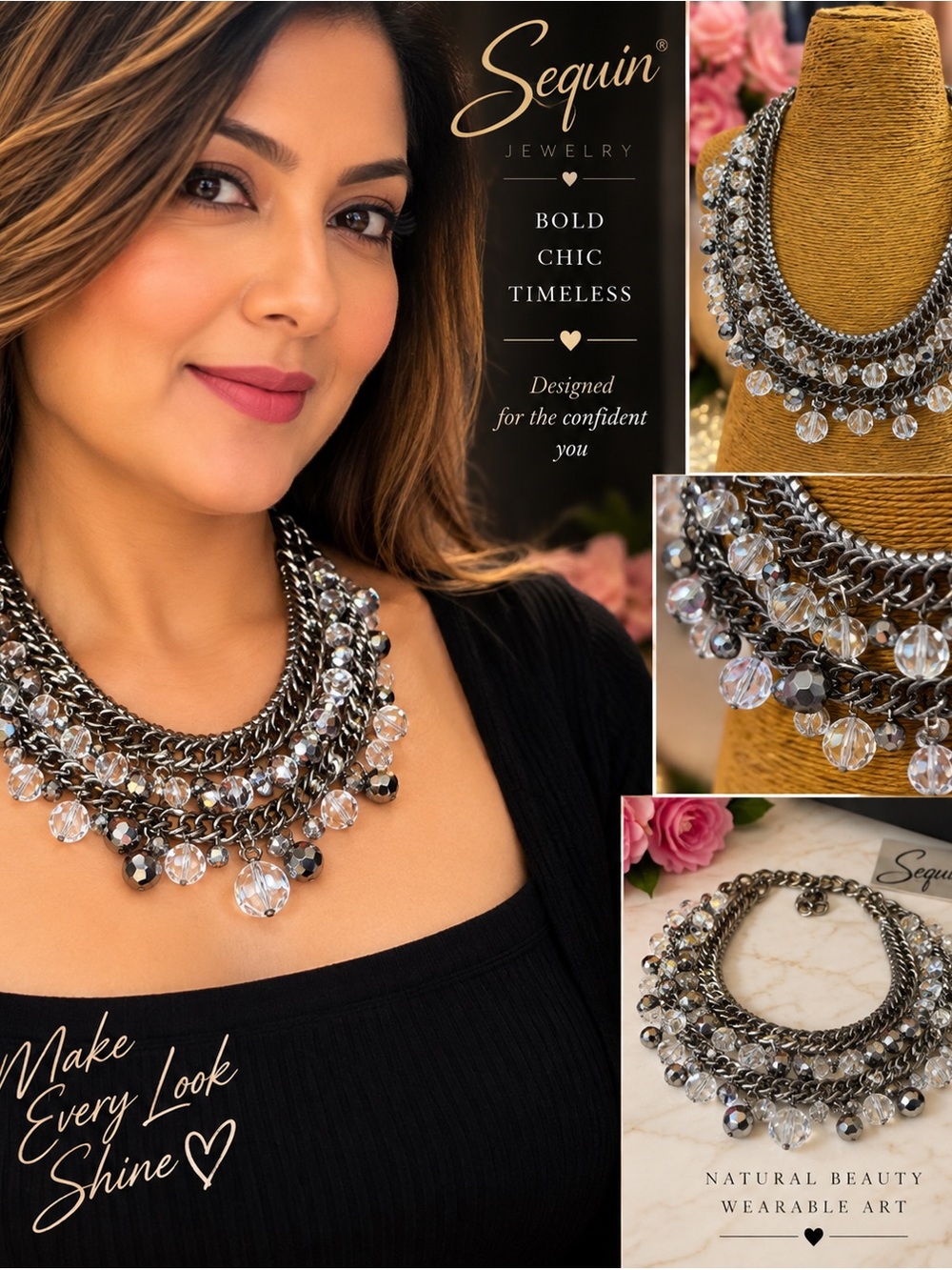 Silver Crystal Multi-Strand Necklace